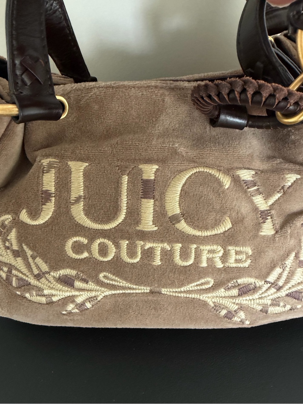 Juicy Couture Velour Satchel Shoulder Bag Doe Brown Y2K Heart Charm - Picture 2 of 16